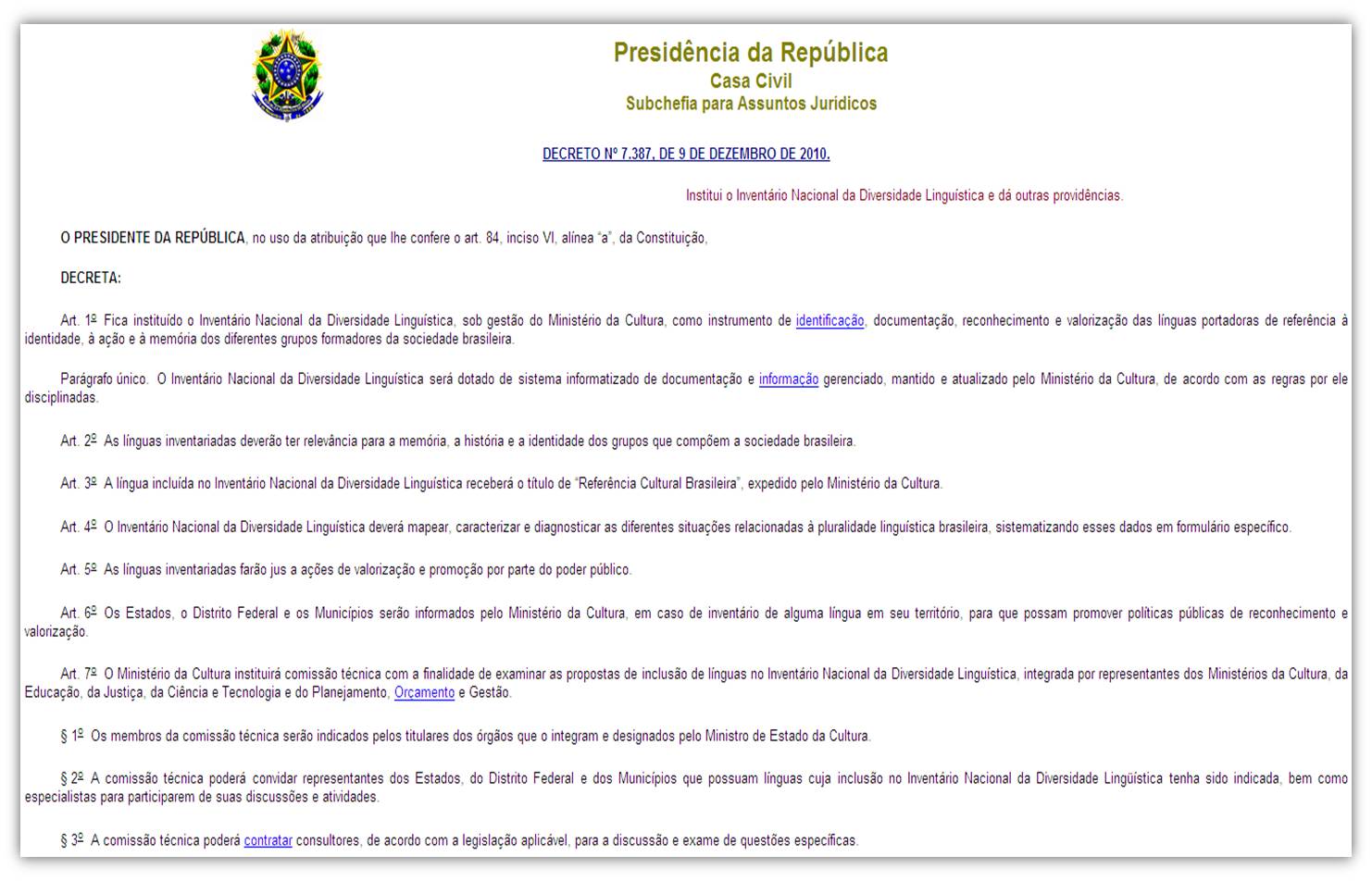 Legislacao Decreto7.387 9.dez.2010 invent nac divers ling