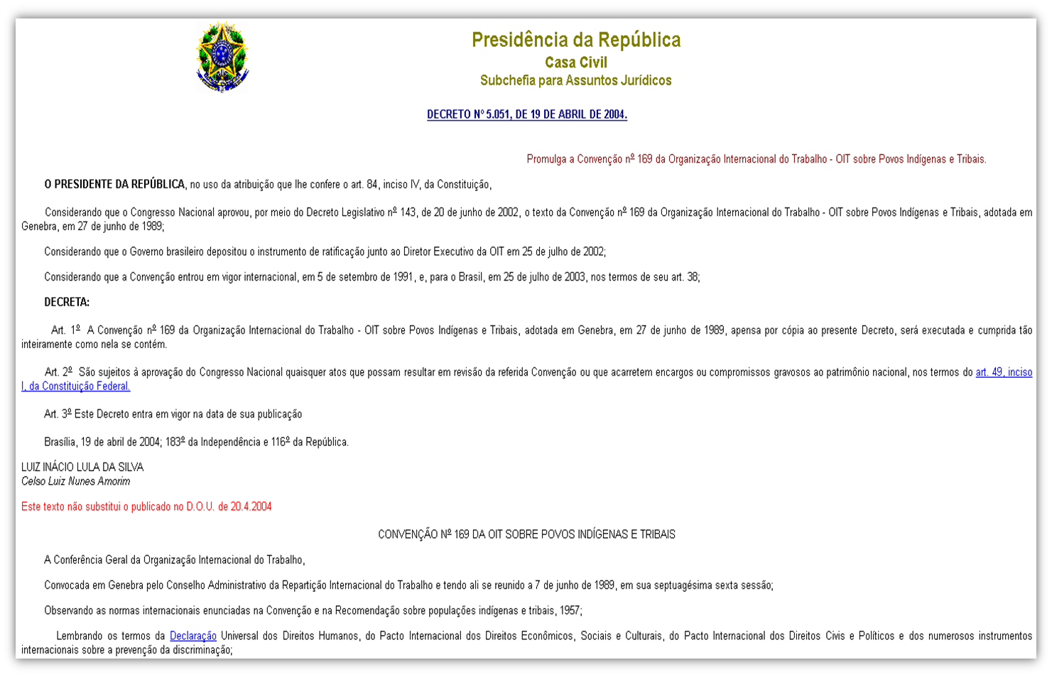 Legislacao decreto 5.051 19.abril.2004 OIT povos indig tribais