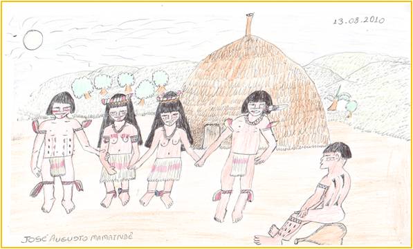 Desenho feito por um Nambiquara retrata a tribo e índios de mãos dadas, como uma família